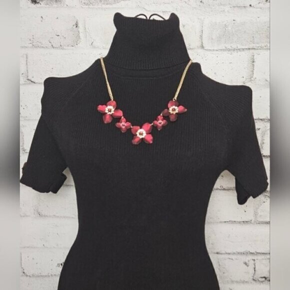 Red & Gold Floral Statement Necklace – Enamel Flowers w/ Crystal Centers - Picture 1 of 5